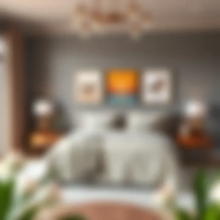 Tastefully designed king bedroom featuring a stunning color palette and art pieces