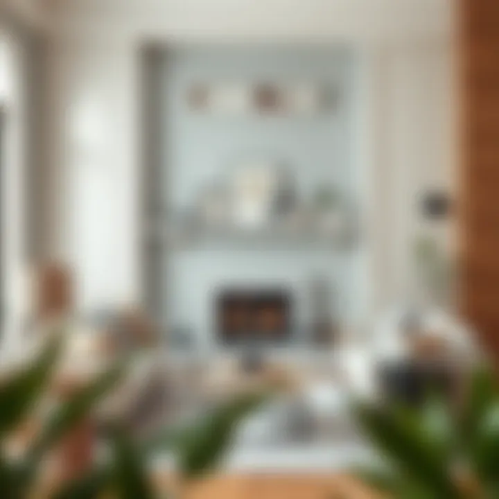 A stylish living room featuring white distressed mantel shelves as focal points