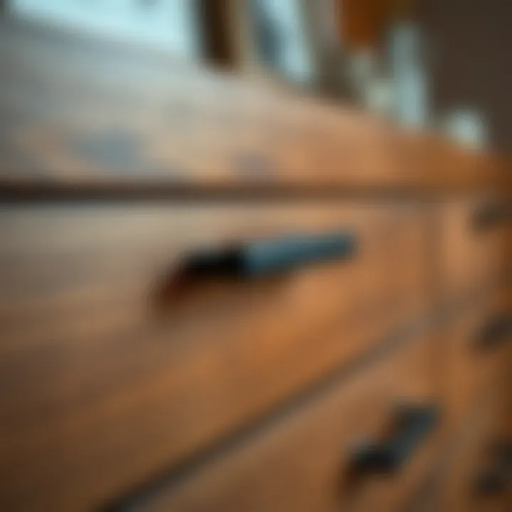 Stylish black drawer handles on a wooden dresser showcasing craftsmanship