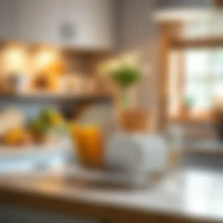 Organized kitchen countertop featuring a compact dish rack space saver