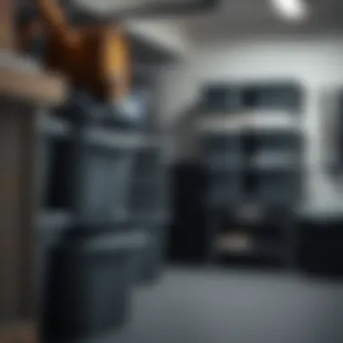 Plastic storage bins neatly stacked in a garage, optimizing space effectively.