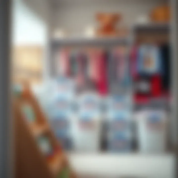 An organized playroom featuring labeled plastic bins for children's clothing.