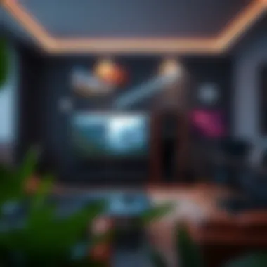 Modern gaming room featuring a sleek game holder tower