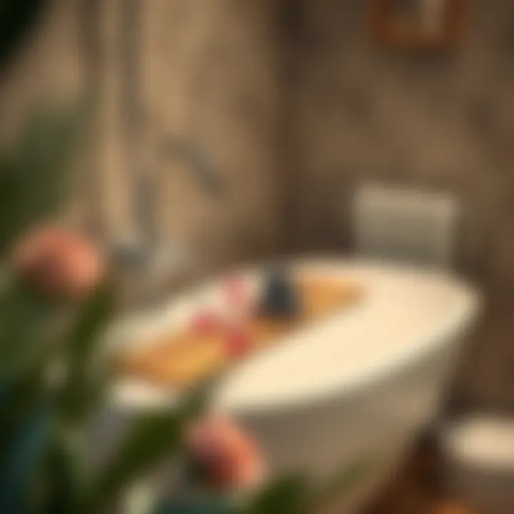 Decorative bathtub shelf adorned with flowers and stones