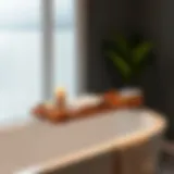 Elegant wooden bathtub rack with candles and a book