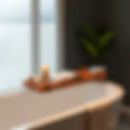 Elegant wooden bathtub rack with candles and a book