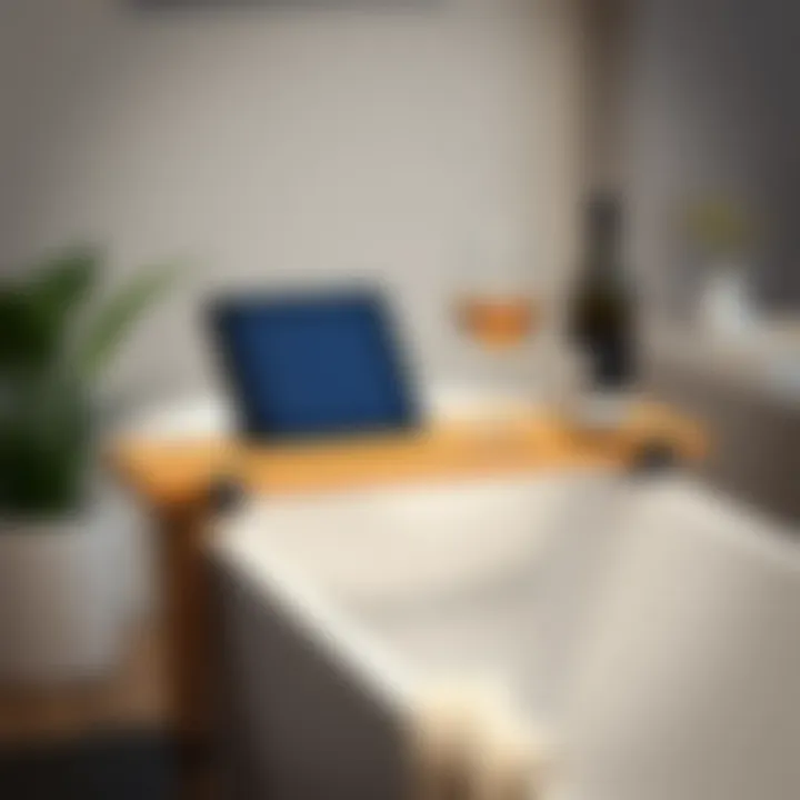 Stylish bamboo bathtub rack showcasing a tablet and wine