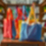 A selection of vibrant nylon mesh shopping bags displayed on a wooden surface