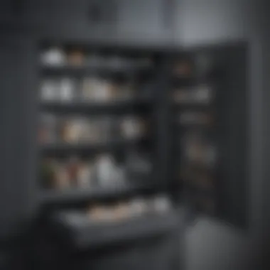 Organized interior of a dark grey medicine cabinet showcasing functionality