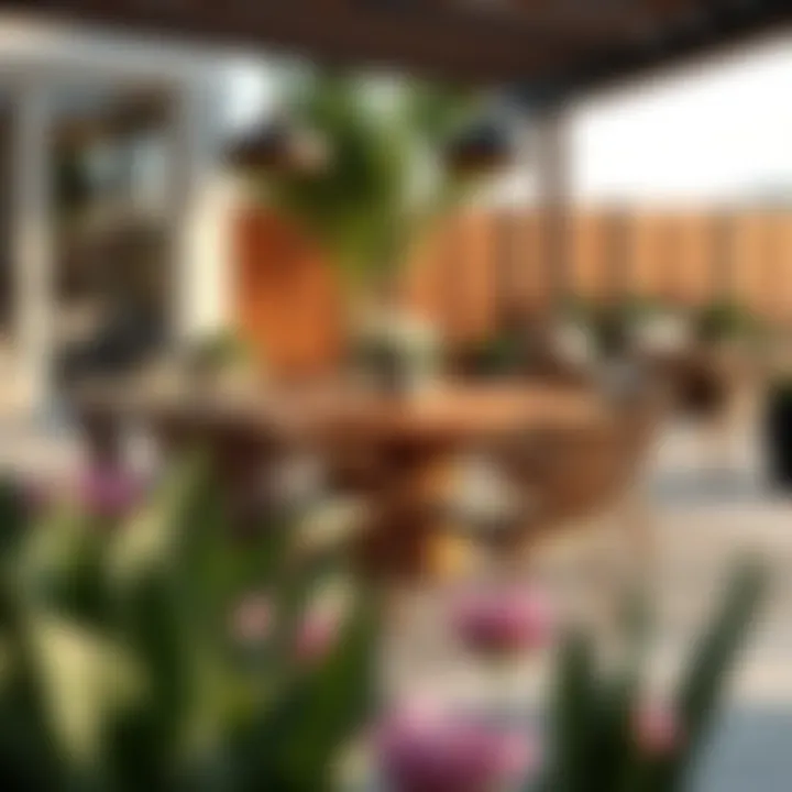 Elegant outdoor dining setup featuring a round wooden table surrounded by stylish chairs