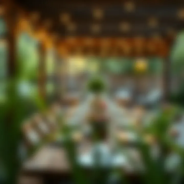 Charming rustic patio dining area with a long table set under twinkling lights