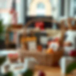 A beautifully arranged gift basket filled with gourmet snacks and office supplies