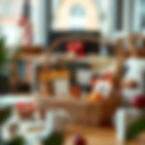 A beautifully arranged gift basket filled with gourmet snacks and office supplies