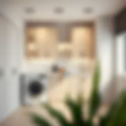 Modern laundry room featuring sleek stock cabinets