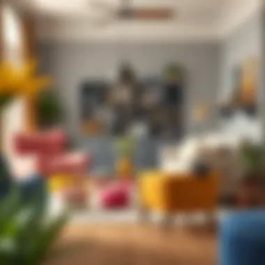 A stylish living room featuring funky painted chairs as focal points