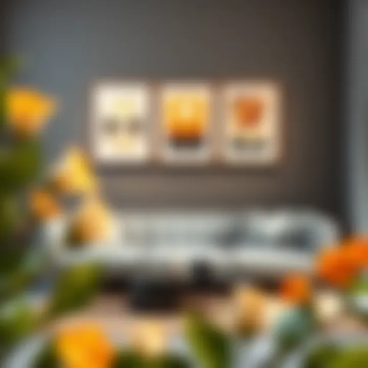 Four-Piece Art Above Contemporary Sofa Stylish placement of four-piece art above a contemporary sofa