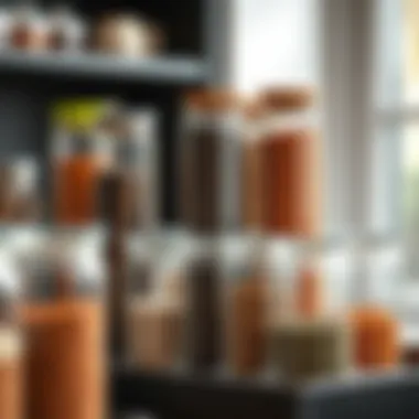 Organized tall glass containers filled with various spices