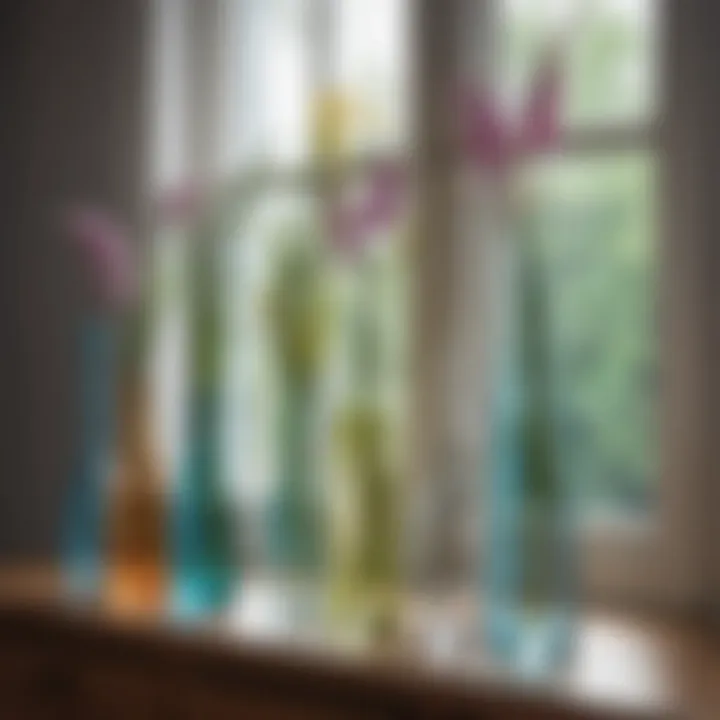 Artistic display of various tall thin glass vases