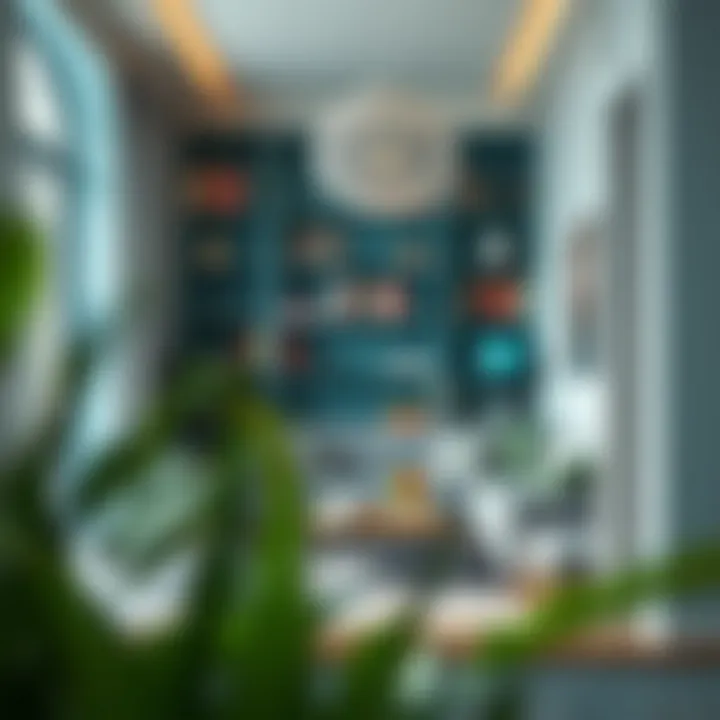 A cozy reading nook featuring a teal bookshelf and comfortable seating