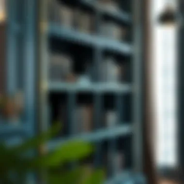 Close-up of a beautifully crafted teal bookshelf with intricate design elements