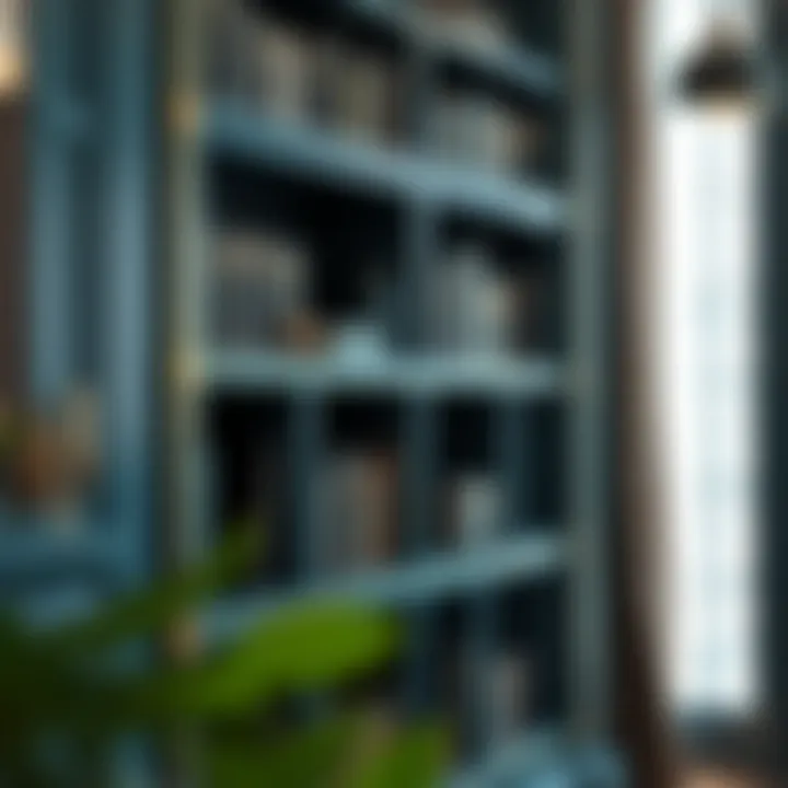 Close-up of a beautifully crafted teal bookshelf with intricate design elements