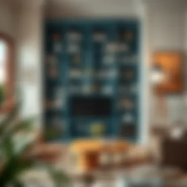 A stunning teal bookshelf adorned with books and decorative items in a modern living space