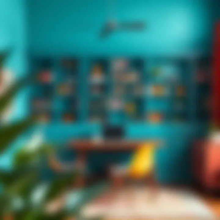 A teal bookshelf integrated into a vibrant home office setup