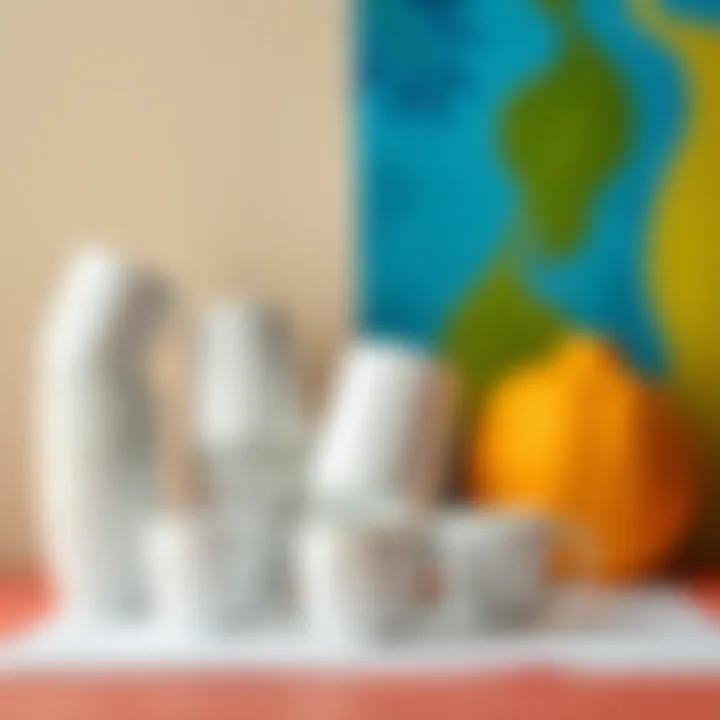 Artistic display of plain white cups against a colorful backdrop
