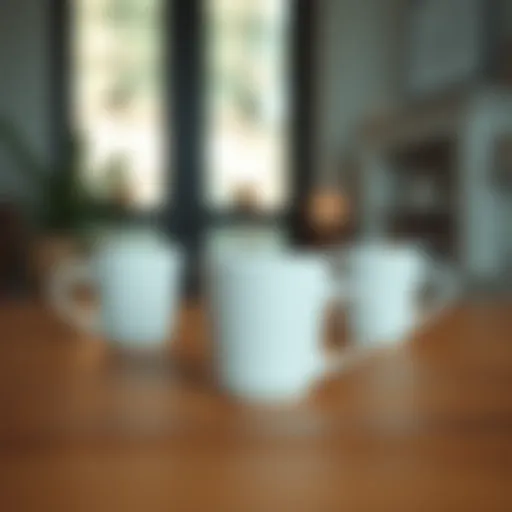 A minimalist setting featuring plain white cups on a wooden table