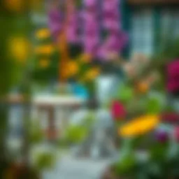 A beautifully arranged planting stool in a vibrant garden setting