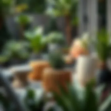 Creative usage of planting stools in a landscaped outdoor area