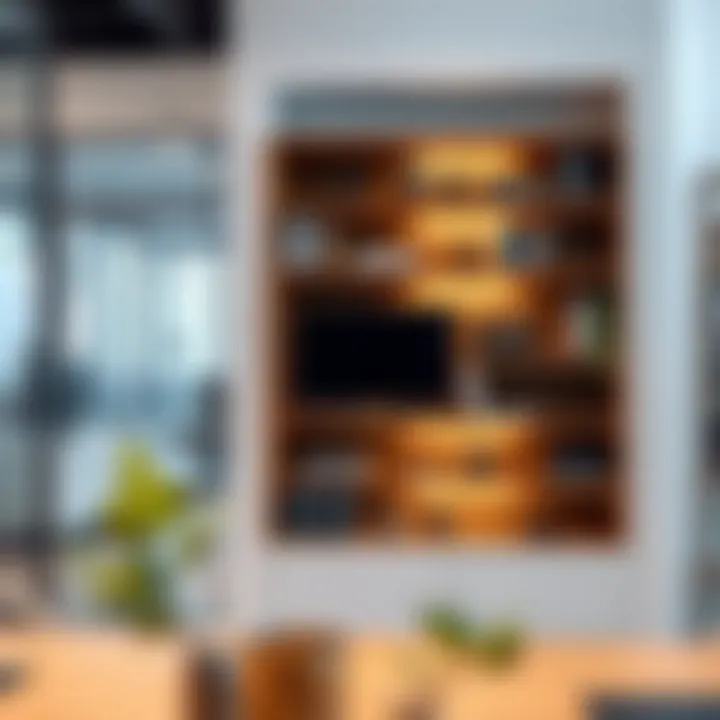 Stylish office shelving featuring technology integration