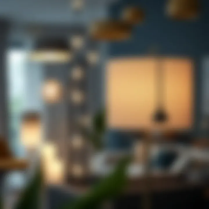 Contemporary interior with multiple lighting choices including gray shade lamp