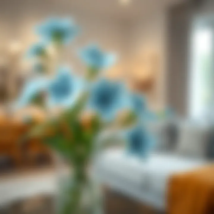 Elegant arrangement of light blue faux flowers in a modern living space