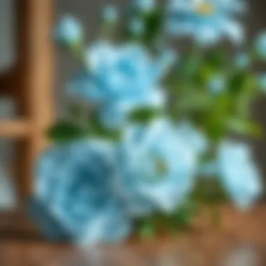 Maintenance tips displayed alongside beautiful light blue artificial blooms