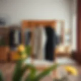 Elegant wooden dress holding stand displaying a variety of garments