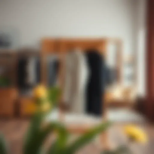 Elegant wooden dress holding stand displaying a variety of garments