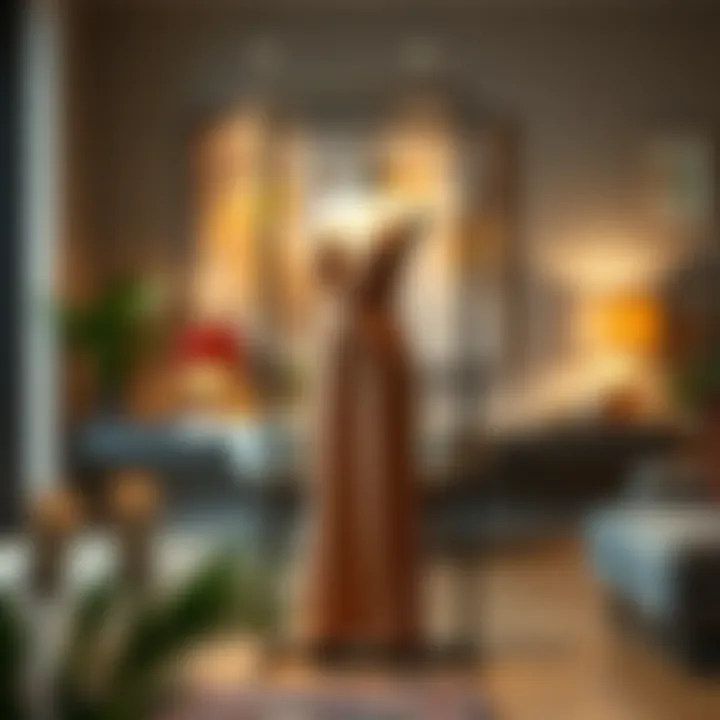 Modern metal dress holding stand showcasing contemporary fashion