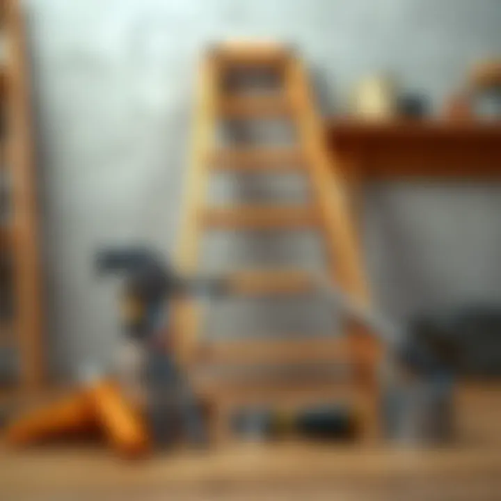 Maintenance tools beside a wooden step ladder for upkeep