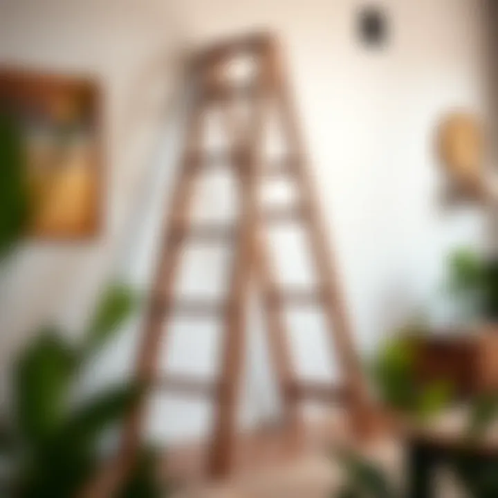 A wooden ladder being utilized for home decor adjustments