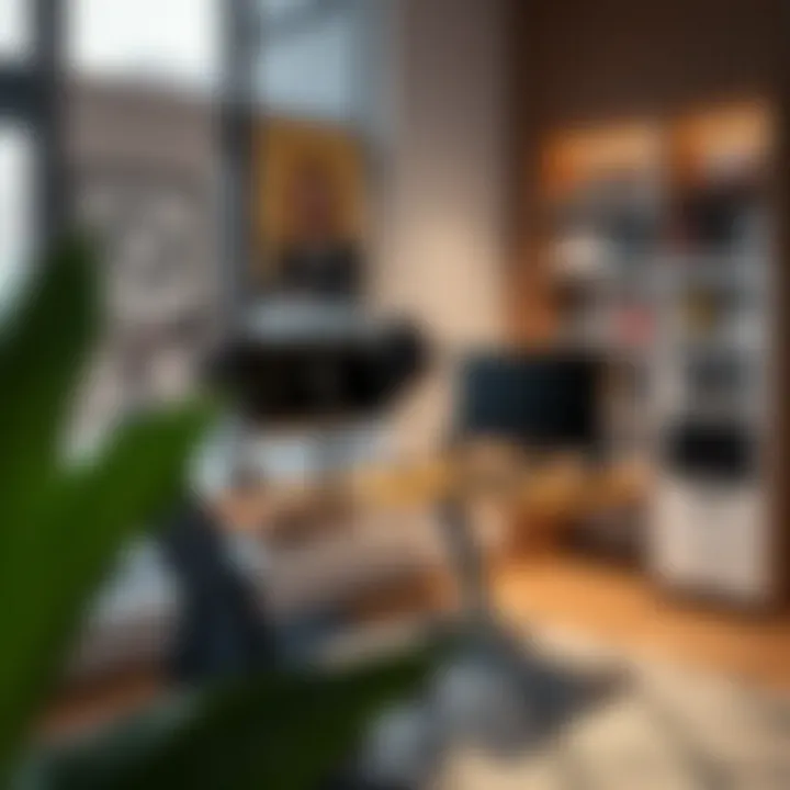 A workspace featuring a standing desk integrated with ergonomic accessories