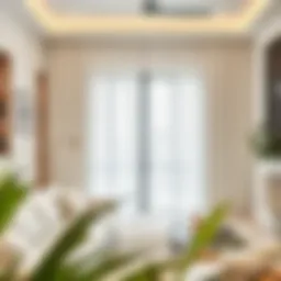 Elegant living room showcasing off white grommet curtains draping beautifully