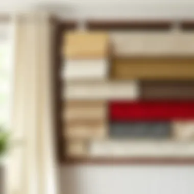 Variety of fabric materials for off white grommet curtains displayed on a swatch board