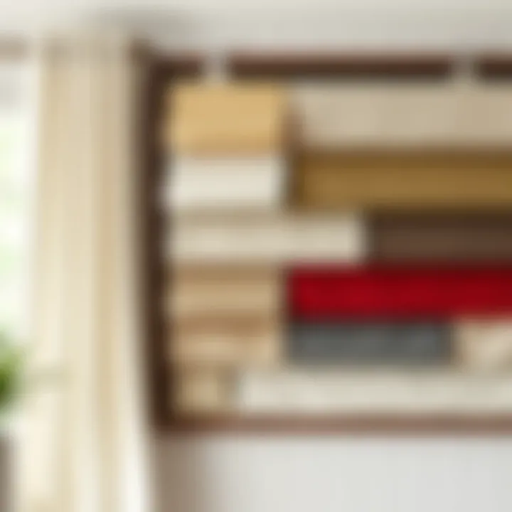 Variety of fabric materials for off white grommet curtains displayed on a swatch board