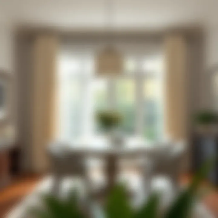 Stylish dining area featuring off white grommet curtains enhancing natural light
