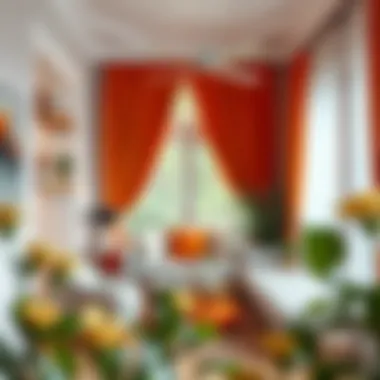 A cozy reading nook featuring orange and white curtains that complement soft furnishings.