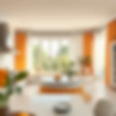 Bright kitchen with orange and white curtain panels that enhance natural light.