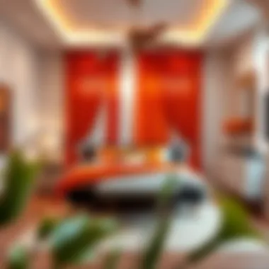 Stylish bedroom adorned with orange and white curtains to create a warm atmosphere.