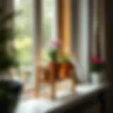 Elegant wooden plant stand with potted flowers on a bright windowsill