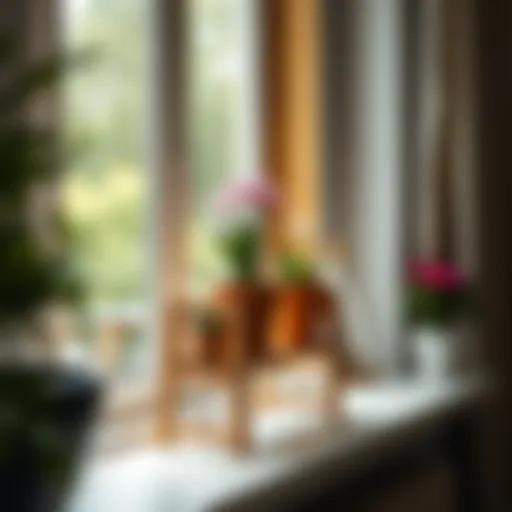 Elegant wooden plant stand with potted flowers on a bright windowsill
